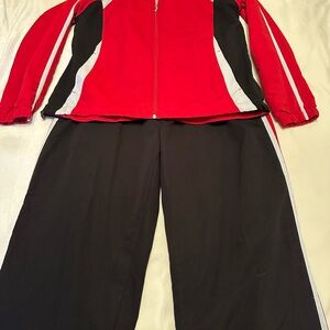 Red and Black Lined Tracksuit, Red Jacket, Black Pants. Comfy. Slimming fit.